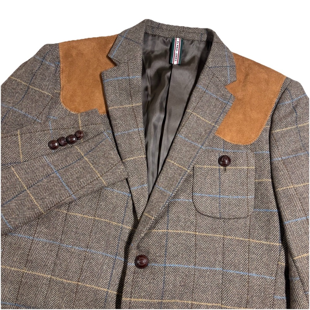 Paul Jones Blazer Men's L Western Herringbone‎ Tweed Shoulder Yoke Wool Blend